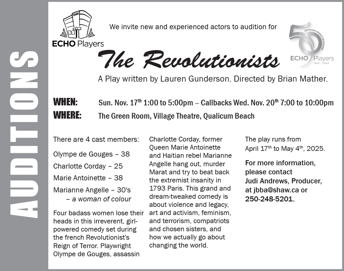 ECHOPlayers1's tweet photo. AUDITION NOTICE: Are you interested in being part of this play about four amazing women, written by Lauren Gunderson and directed by Brian Mather? The play itself will run April 17th to May 4th, but auditions are November 17th and 20th. https://t.co/6nB4x4u52U https://t.co/dzSkR2XoRX