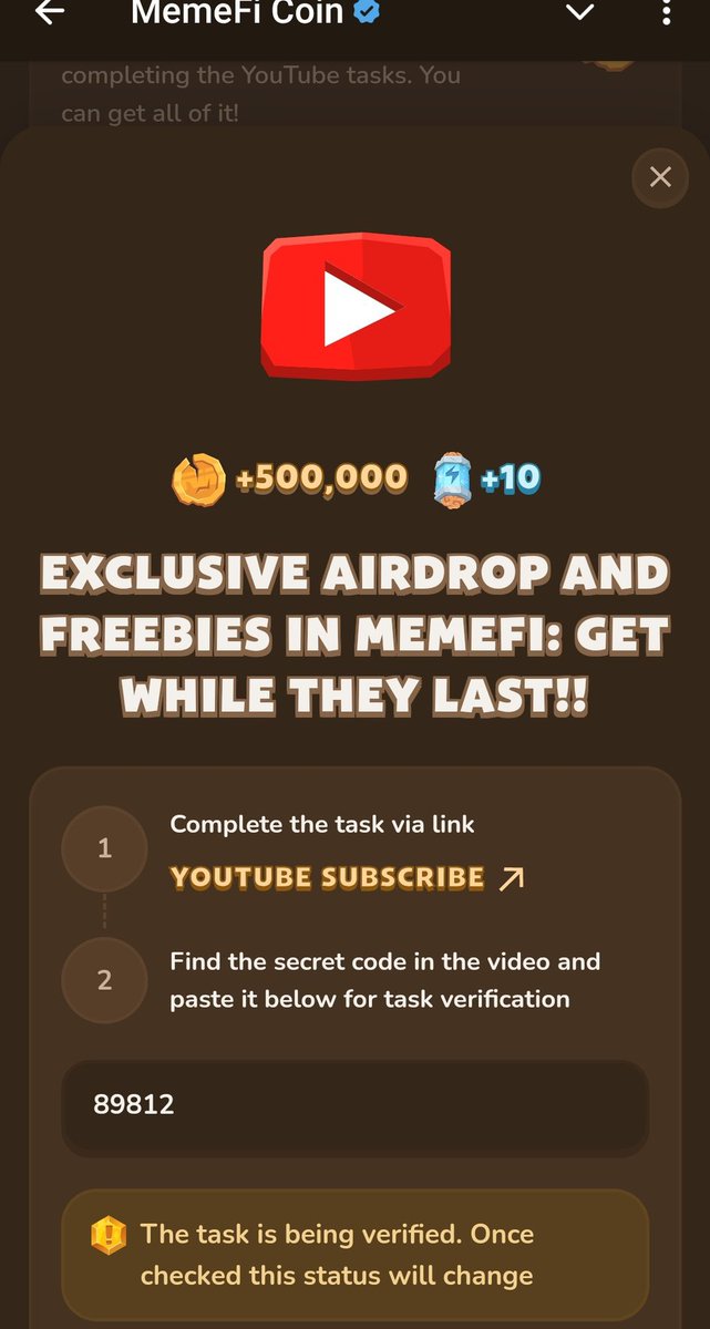 Nueldomain's tweet photo. Complete Memefi YouTube Video Codes for 0ct 23

🎬 How I Fixed My Attention Span | MemeGirls
✅- 27472

🎬Exclusive Airdrop And Freebies in MemeFi: Get While They Last!!
✅89812

🎬HOW I AUTOMATE MY FINANCES | MEMEGIRLS
✅44022

🎬Crypto's Wild Ride: What Really
✅89400

🎬Supercharge Your Crypto: The 3 Types of Liquidity Pools | Part 2 of 5 | MemeFi
✅Code: 69422
https://t.co/I25cUQ5RnH

▶️ Supercharge Your Crypto: The 3 Types of Liquidity Pools | Part 2 of 5
👨‍💻 69422

▶️The Best Purchases I've EVER Made
👨‍💻 82115

▶️How Whales & Bulls Control the Market
👨‍💻76849

▶️How to Retire In 7 Years with $0
👨‍💻 11055

▶️Unlock Passive Income: The Magic
👨‍💻 40014