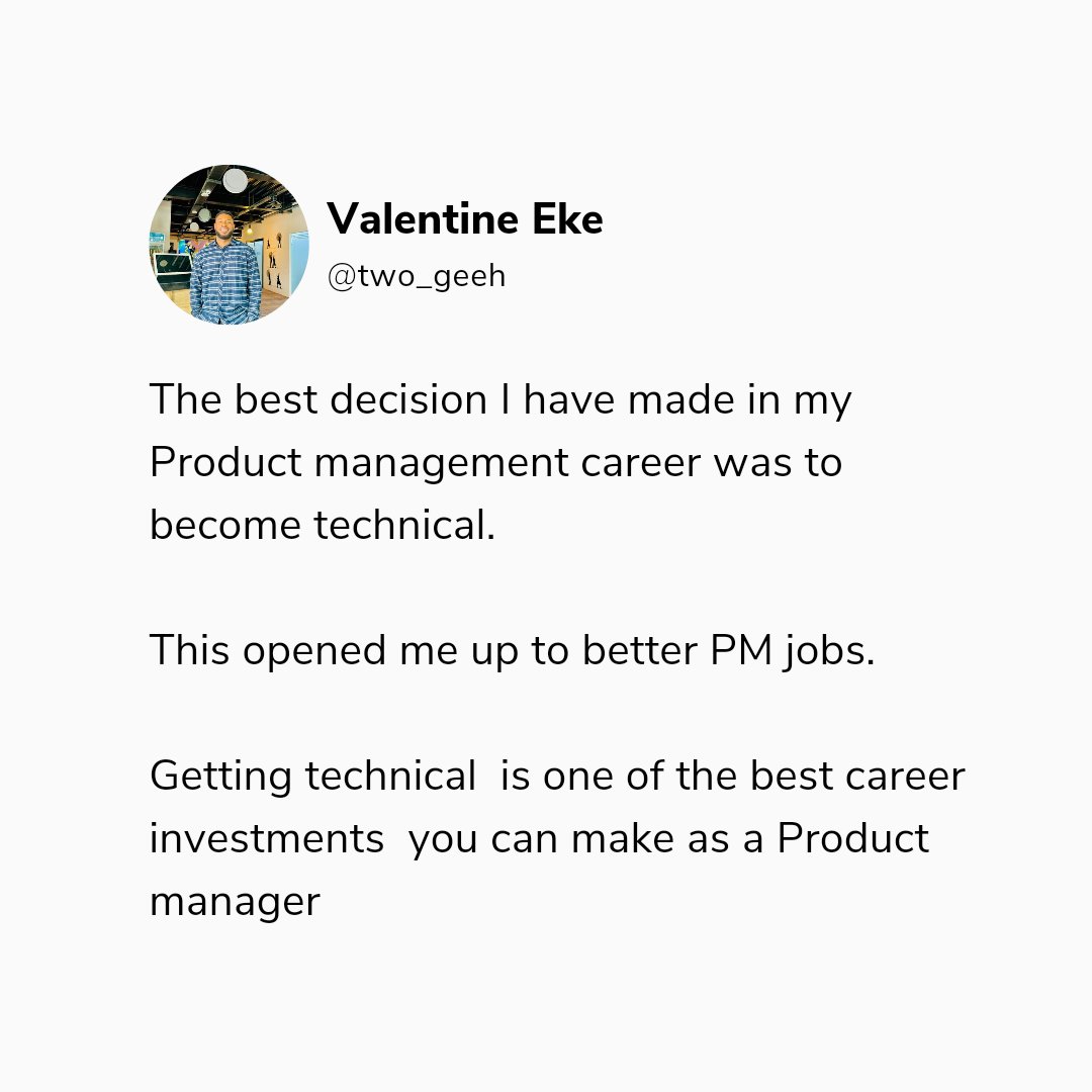 two_geeh's tweet photo. The best decision of my product management career so far was becoming technical.  It opened me up to better job opportunities. This can also be the best decision  of your PM career
#a thread
#Product #JobOpportunities #caree https://t.co/HOSHFdENe3