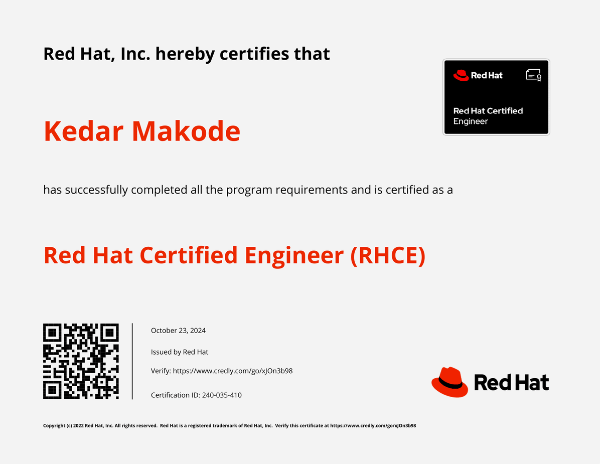 Excited to share that I’ve officially earned my Red Hat Certified Engineer (RHCE) certification! 🎓💻
