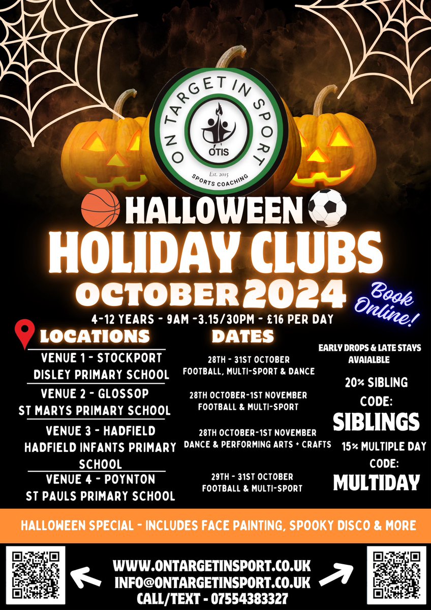 OnTargetinSport's tweet photo. 🎃Halloween Holiday Clubs 🎃

Check out our flyers for more information. 

Any enquires visit our website @ https://t.co/kLY5VTdDFO https://t.co/y42zXgMg6z