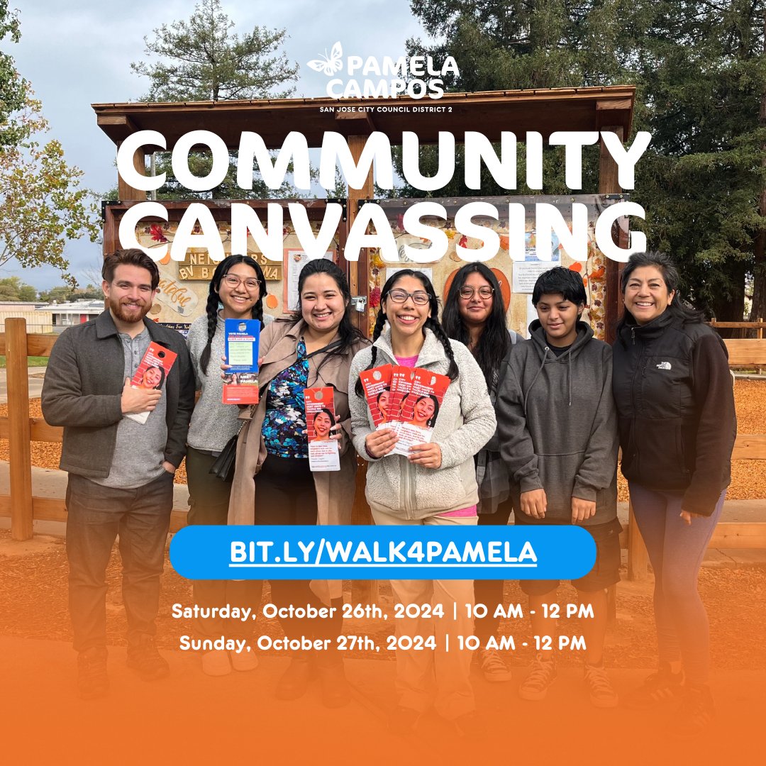 Our team continues Canvassing Sat 10/26 &amp; Sun 10/27 from 10am-12pm! We are less than 14 days away from Election Day &amp; need your help to finish strong 💪🏼Every door knocked is one step closer to reaching victory on Nov 5th 💫 Register at: bit.ly/WALK4PAMELA #Pamela4SJ
