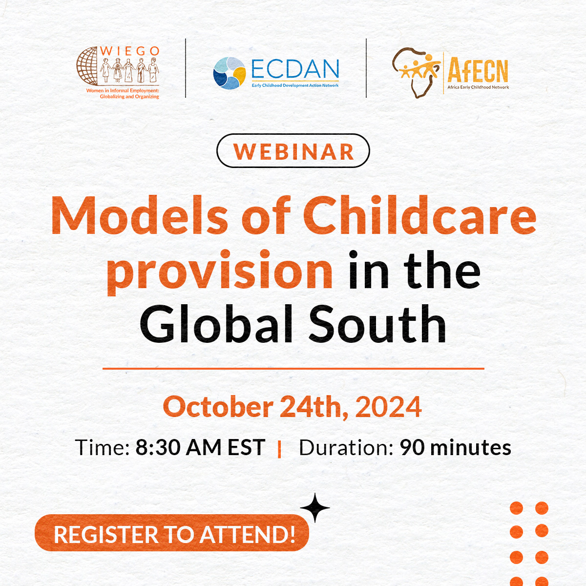 WEBINAR TODAY #GenderEquity in the formal &amp; informal sectors can only be achieved with accessible #Childcare services✊

We will look at the models of childcare provision &amp; their effectiveness and suitability for working parents, children &amp; care workers ➡️ bit.ly/4ewoqLL
