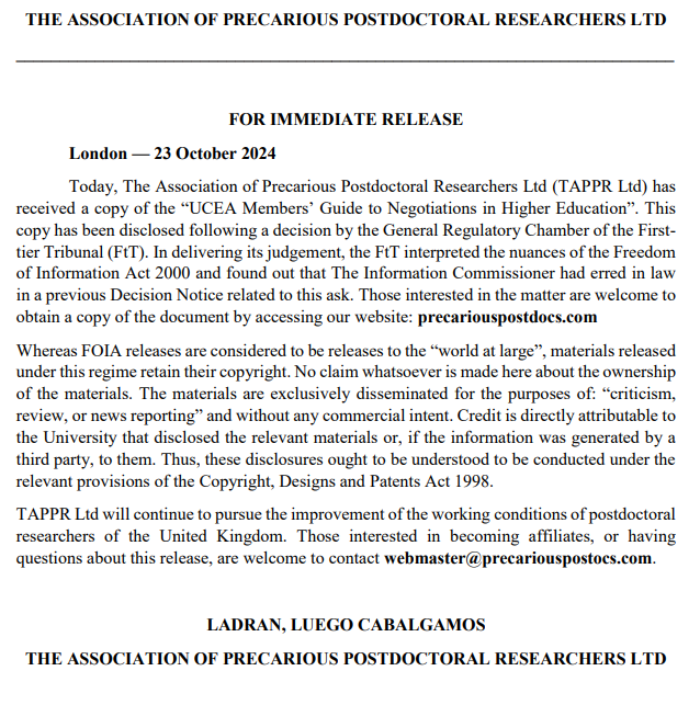j_siller's tweet photo. Communication from TAPPR Ltd in regard to the disclosure of the UCEA Code mandated by the First-tier Tribunal. Please retweet and share. Full documents accessible through https://t.co/oNSSFirRHX

@USSbriefs @ucu @OxfordUCU @OxfordAntiCas @cdbuni @QM_UNISON @Wonkhe @qm_ucu https://t.co/BcR0wdhSEp