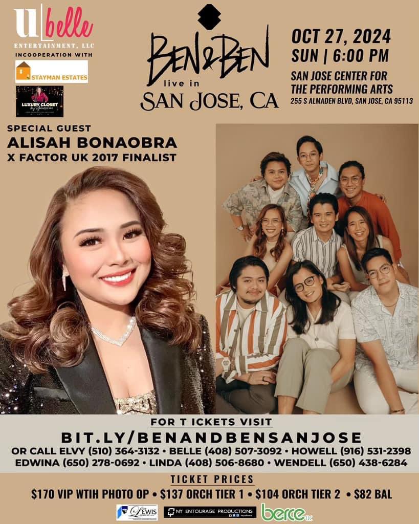 Exactly 4 days to go! Buy your tickets now and don't miss this special event! 🥳🎉🎊

Ben&amp;Ben Live in San Jose || Oct 27,2024@San Jose Center for the Performing Arts 

📞Call Elvy for tickets 5103643132