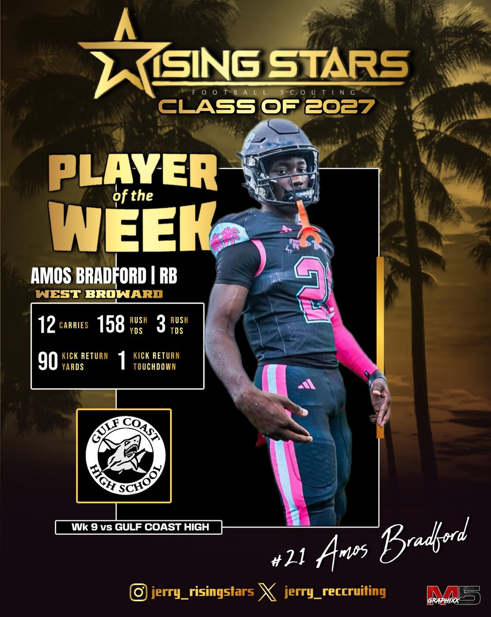 Rising Stars (@jerryrecruiting) on Twitter photo Congratulations to West Broward running back <a href="/Amosbrad177/">Amos Bradford</a> on winning the Sophomore Player of the Week in South Florida. Congratulations to West Broward running back <a href="/Amosbrad177/">Amos Bradford</a> on winning the Sophomore Player of the Week in South Florida.