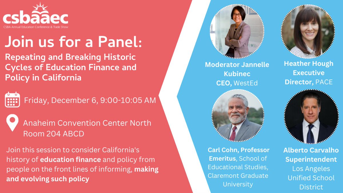 BallFrostGroup's tweet photo. @CSBA_Now #AEC2024 Don’t miss this! Repeating &amp; Breaking Historic Cycles of Ed Finance &amp; Policy on 12/6. Learn from Carl Cohn, Professor Emeritus, Claremont Graduate Univ, Alberto Carvalho, Superintendent, Los Angeles USD, Heather Hough ED of PACE, Jannelle Kubinec CEO WestEd https://t.co/pa6lc7gqja