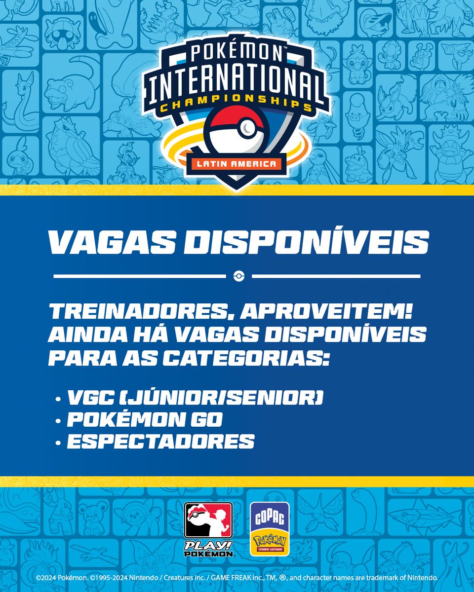 🇧🇷 Vagas disponíveis para o LAIC!

Treinadores, aproveitem! Ainda há vagas disponíveis 
para as categorias:

• VGC (Júnior/Senior)
• Pokémon GO
• Espectadores

🔗 rk9.gg/event/pokemon-…