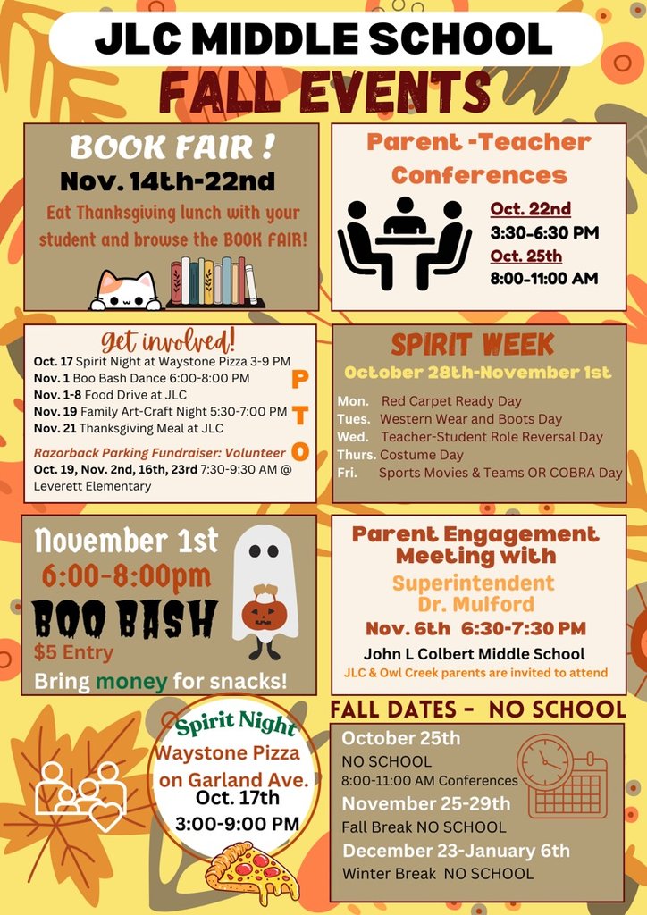 JohnLColbertMS's tweet photo. Fall into fun! Check out our school's exciting events this season! ��� #FallVibes #SchoolEvents #AutumnAdventures #Compassionate #Optimistic #Brave #Responsible #Authentic #JLCMS #JohnLColbert #JohnLColbertMS #OneFPS #MiddleSchool #FPS https://t.co/vYSNDF2BhM