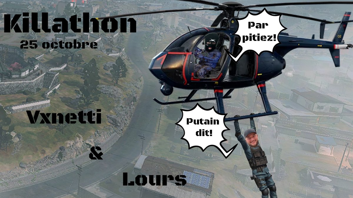 Bonjour a tous !! Ce vendredi 25/10, <a href="/vxnetti/">Vxnetti</a> et moi partons en killathon ! en duo ! on espère vous  voir nombreux  sur nos chaîne twitch a partir de 16h ! 

chaine de  <a href="/vxnetti/">Vxnetti</a>  : twitch.tv/vxnetti 
 ma chaine : twitch.tv/lours_tv