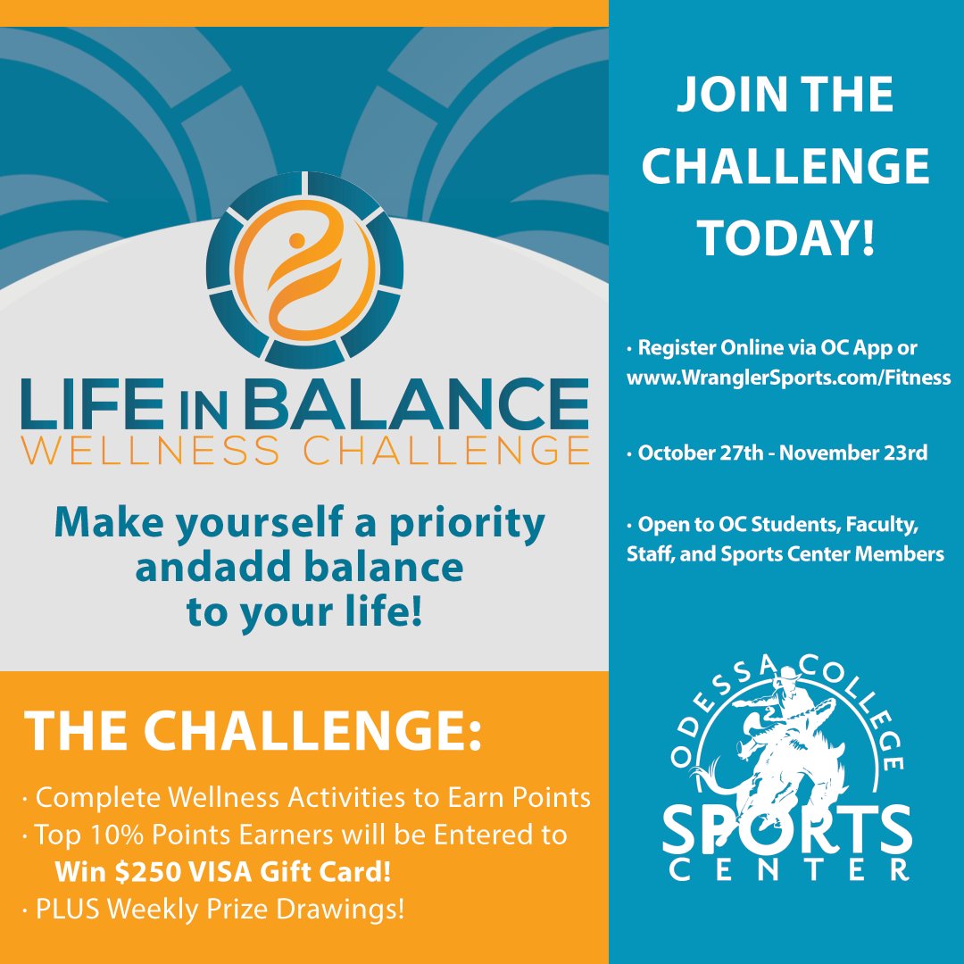 OdessaCollege's tweet image. 🚨 Last day to register for the 2024 Life in Balance Wellness Challenge! 🌟

Complete daily activities, earn points, and enter to win a $250 VISA Gift Card + weekly prizes! 🎉

👉 Register: WranglerSports.com/Fitness 

Challenge starts TOMORROW! ✨
#WellnessChallenge #LifeInBalance
