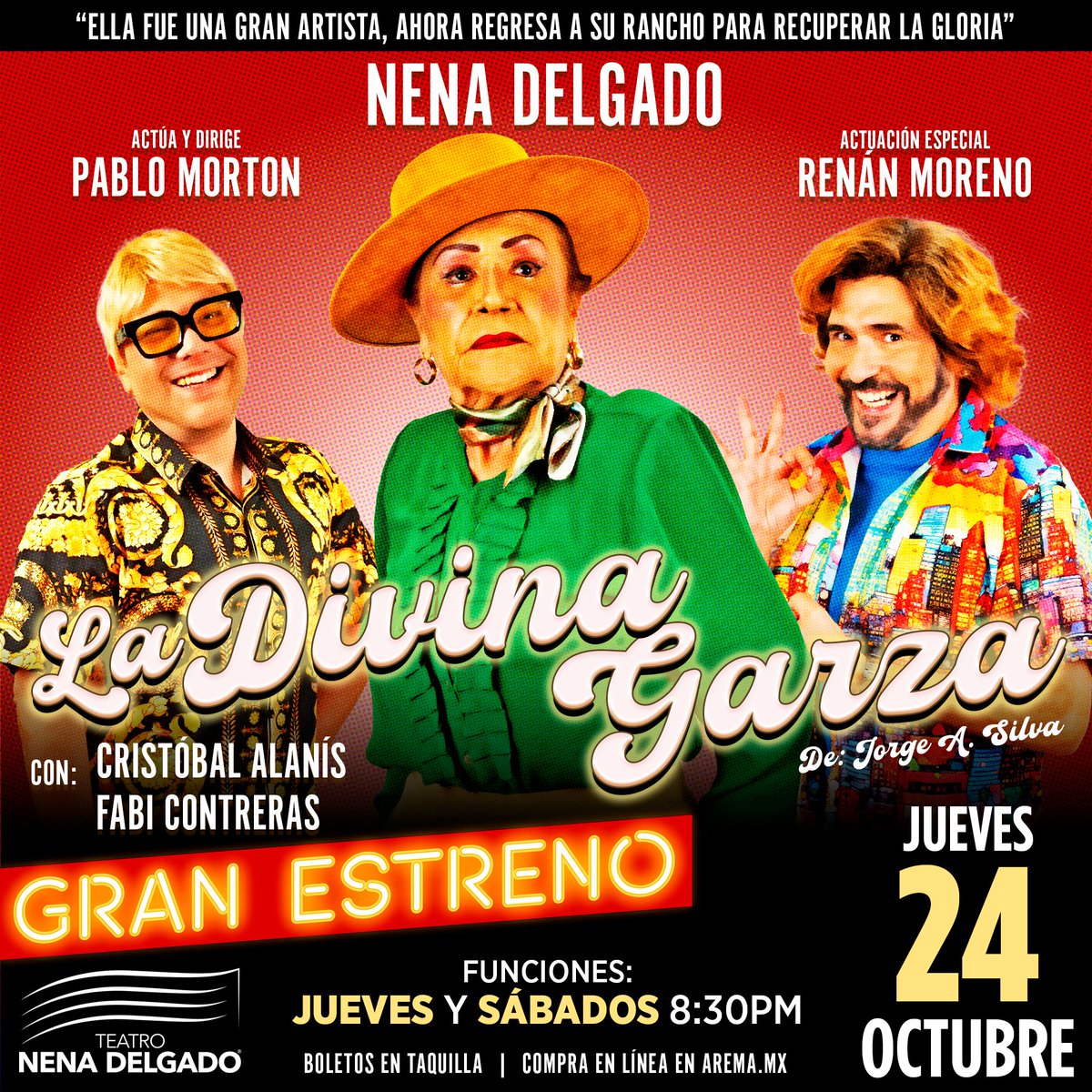 ¡GRAN ESTRENO!

De la nueva comedia de <a href="/Nena_Delgado/">Nena Delgado</a> <a href="/Moreno_Renan/">Renan Moreno Actor</a> y Pablo Morton:
"LA DIVINA GARZA"

🗓 Jueves 24 de oct. 8:30pm
🎟 Adquiere ¡YA! tus boletos en taquilla desde las 11:00am 
💻 Compra en línea: arema.mx/evento/13166
<a href="/aremamx/">AREMA</a>