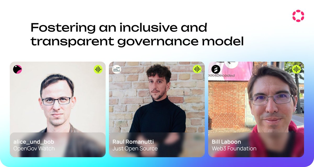 Polkadot's tweet photo. 🔮 The future is decentralized. Meet the teams leading the way in Decentralized Mic: Governance Edition✨

Through the @Web3foundation's DF Program, new teams are entering the arena and spearheading growth on Polkadot.
This fourth session will focus on core contributors improving governance, while the broader Decentralized Futures program and this series include individuals and teams in:

👩‍💻 Marketing
🤝 Business Development
🛶 Onboarding
⚖️ Governance
📲 Technology
🔹 @zoemcfox will be your trusted host. Zoe is a Head Ambassador and a long-time community member.
🔹 @alice_und_bob | OpenGov Watch: Grassroots initiative to bring transparency to OpenGov through reports/data, provide free consultations to help projects secure funding, connect and coordinate efforts between teams, and lead strategic initiatives to help develop Polkadot into the best place to build Web3

🔹 @BillLaboon | @Web3Foundation Director of Education and Governance: Bill manages strategic direction for education and community initiatives. He is also a Web3 OG and ecosystem leader with extensive experience in tech and academia.

🔹 @nachortti | Just Open Source Managing Director: Former @paritytech and @Web3foundation team member, Raul now works to educate the general public on the development of open source, P2P, and blockchain tech with the mission of fostering research and adoption of future decentralized technologies. 

🎙️✨ Listen in to meet all the speakers and ask questions! 

Set a reminder! This live stream will be broadcast on across Polkadot socials ✅
