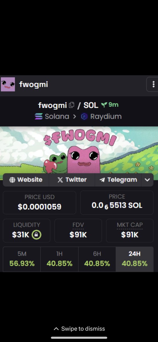 Been watching this one this the start too !

Called at 150k now went to 2 million MC and sold 50%. 

Woke up and down to 1M but still holding… 

🧪

#solana #fwogmi #memecoin