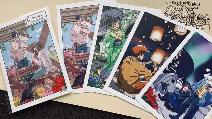 『#ootd展』出展イラストを使ったポストカードは、四季の4枚が1セットになっています〜!名刺も文字の位置などをちょっと調整しました。是非是非お手に取っていただけますと嬉しいです!#IYN #IYN企画に参加します 
