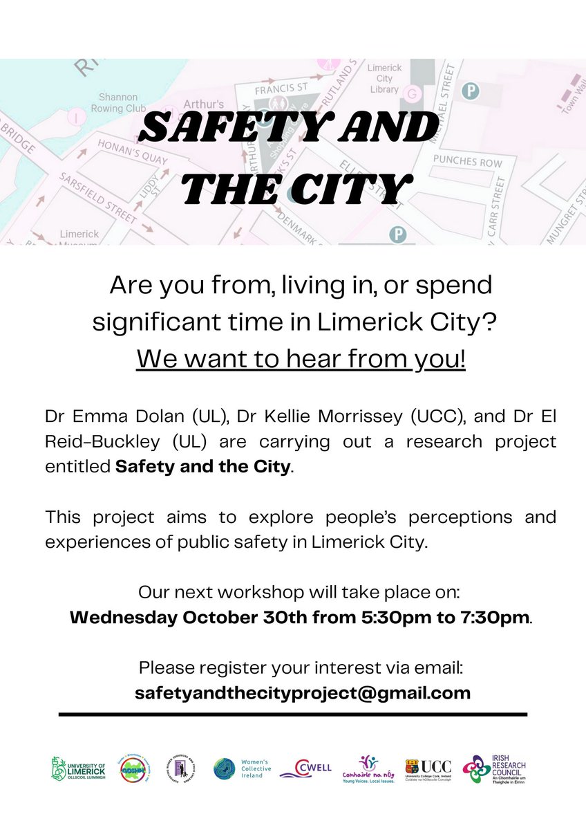 Women's Collective Ireland - Limerick (@wci_limerick) on Twitter photo We are so happy to be community partners in Safety and The City, an ambitious research project headed by <a href="/emm_dol/">Dr Emma Dolan</a> & @kelliemorrissey
They are holding a workshop on Wed Oct 30, at UL City Campus (the old Dunnes) from 5:30 - 7:30 pm
Register via safetyandcityproject@gmail.com 🙏 We are so happy to be community partners in Safety and The City, an ambitious research project headed by <a href="/emm_dol/">Dr Emma Dolan</a> & @kelliemorrissey
They are holding a workshop on Wed Oct 30, at UL City Campus (the old Dunnes) from 5:30 - 7:30 pm
Register via safetyandcityproject@gmail.com 🙏