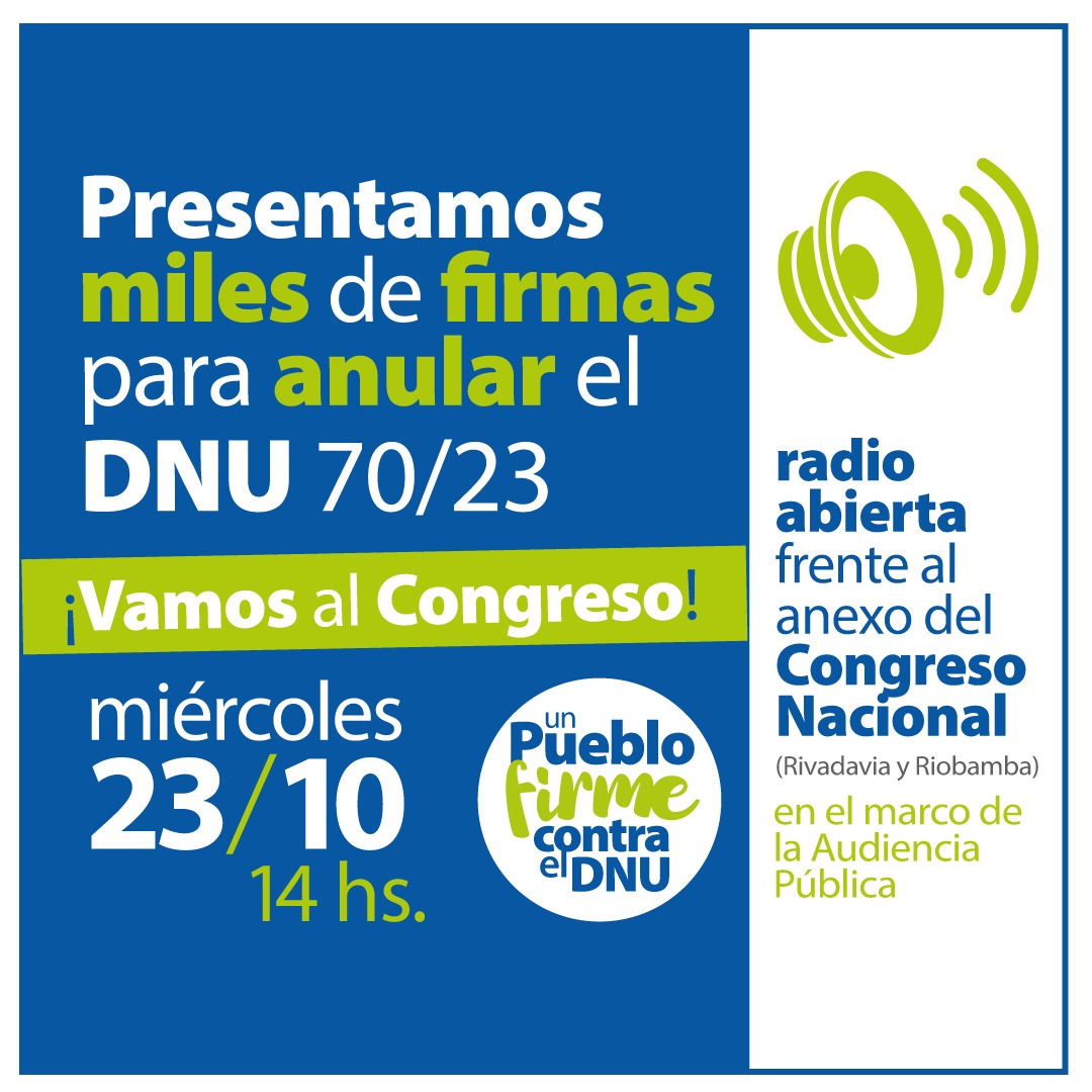 📅 HOY!

¡VAMOS AL CONGRESO!

Presentamos las miles de firmas para anular el DNU 70/23
Acompañamos la audiencia pública con una radio abierta frente al anexo del Congreso Nacional 

🕑 Desde las 14 hs.
📍 En Rivadavia y Riobamba