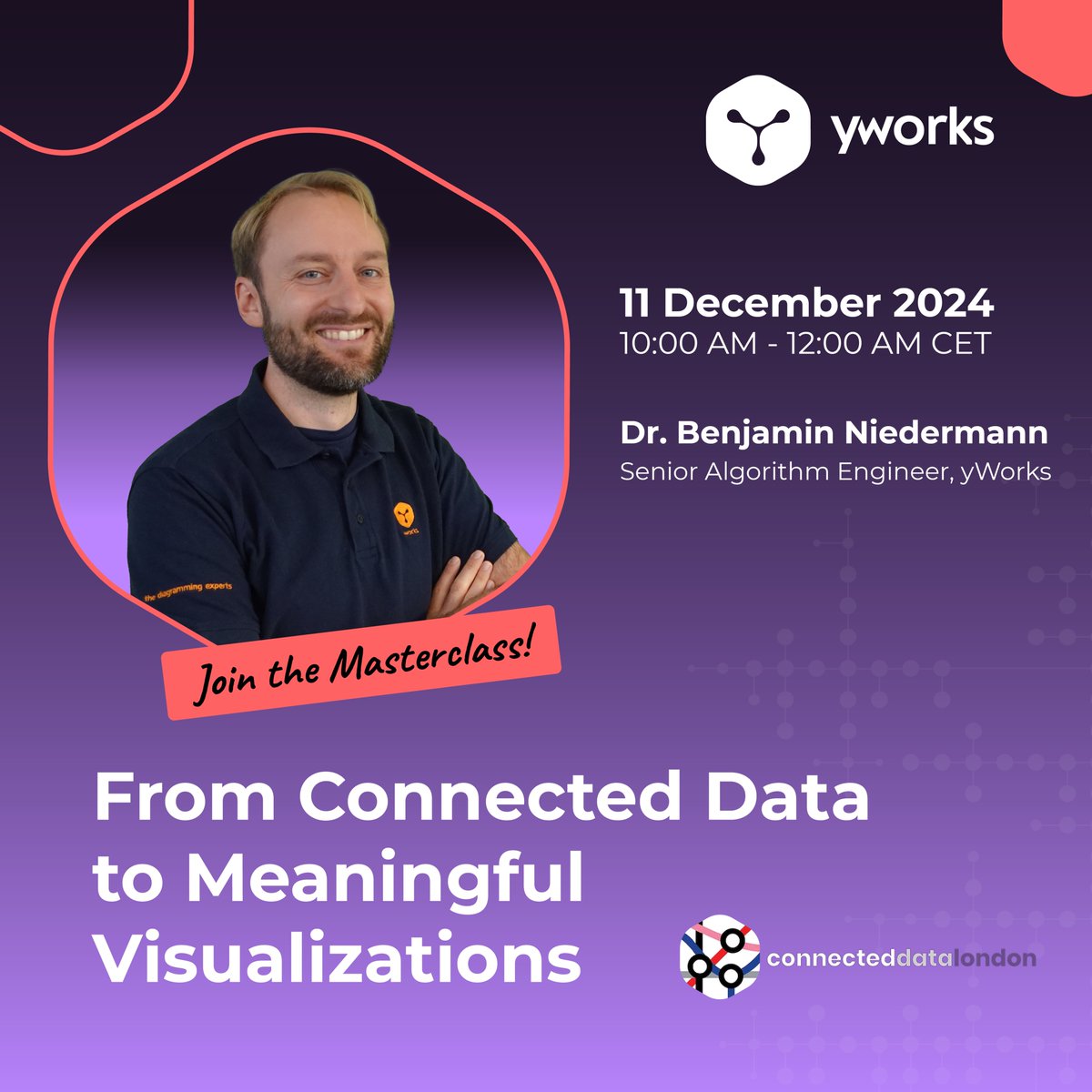 yworks's tweet image. This December at @Connected_Data, Dr. Benjamin Niedermann will host a masterclass: &quot;From Connected Data to Meaningful Visualizations.&quot; Learn to transform raw #data into insights using advanced #GraphVisualizations with #JupyterNotebook and @neo4j. Perfect for developers!
