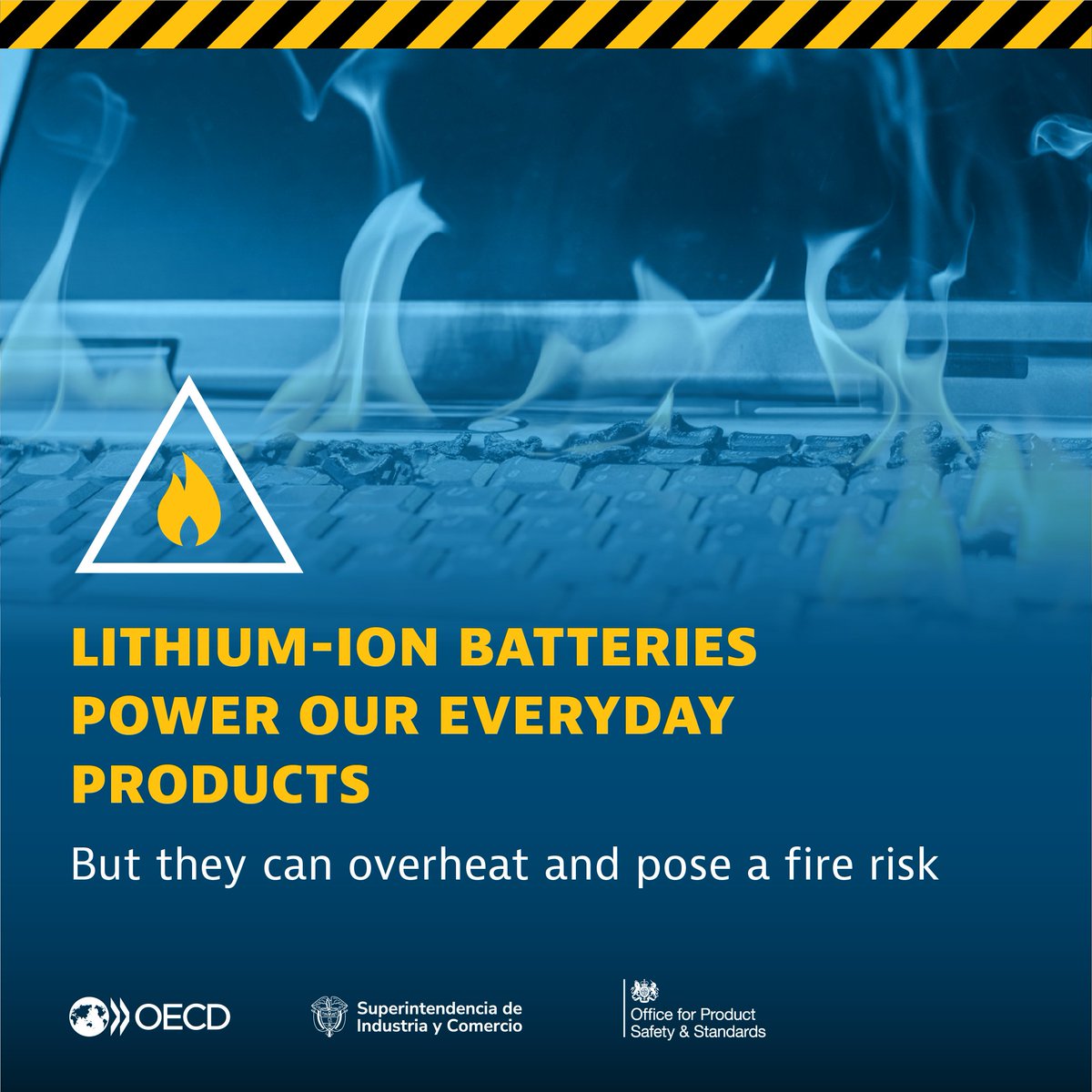 OECD's tweet photo. It’s vital to prioritise safety when using products with lithium-ion batteries.

The OECD, with the support of 🇬🇧 @OfficeforSandS, and 🇨🇴 @sicsuper have launched a #BatterySafety campaign to raise awareness of the risks.

Learn more ➡️ https://t.co/YTX6G3koj2 | #IPSW https://t.co/TdzXKxUnqH