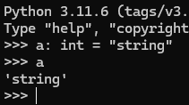 TheRedhotbr's tweet photo. @cahralhoo_ Python não tem tipo, a tipagem apenas ajuda com auto complete de IDEs. Isso é completamente válido na sintaxe: https://t.co/BDZmZ0s4Xe