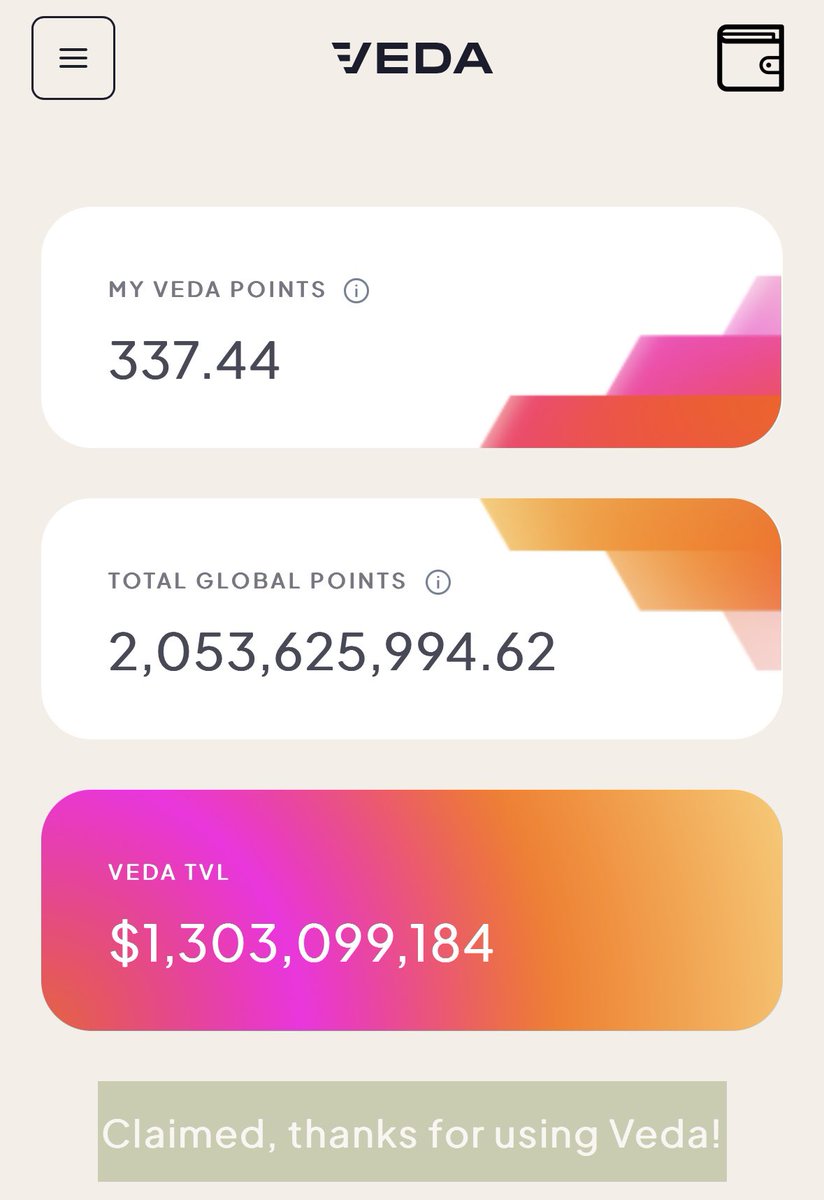 ใครที่ฝาก eEIGEN, weETHs (symbiotic) หรืออื่นๆตามต้นโพส ไปดู veda point ได้แล้วนะครับ 🔥

link: app.veda.tech/points

ใครที่ฝากกับ mitosis (weETHs) point ยังไม่อัพเดท แล้วก็เข้าไปรับ welcome point 100 กันไว้ก่อนได้ครับผม ✌🏻