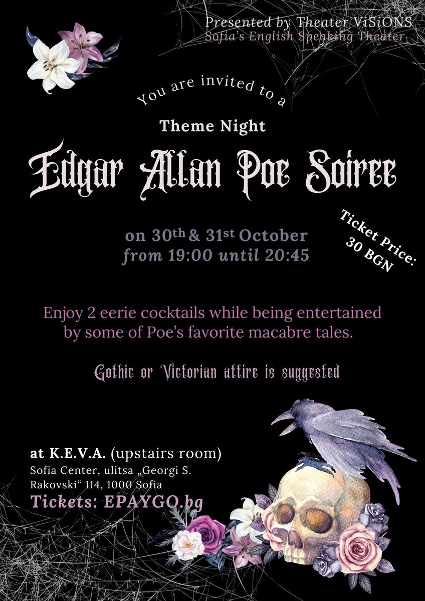 TheaterVisions's tweet photo. Edgar Allan Poe Soiree Theme Night in English at K.E.V.A. Limited tickets available on https://t.co/MTPUyQnp1R Which night will you be attending? https://t.co/pQR6TI4tuv https://t.co/tbn4pEHKIK