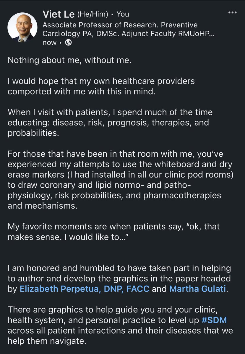 VietHeartPA's tweet photo. Thank you @LizPerpetua and @DrMarthaGulati for leading us in getting this to publication. 

#SharedDecisionMaking is integral and foundational to care. 

We treat patients and THEIR health, not treat diseases and THEIR patient.

#PAtientsHealthFirst 

https://t.co/obhiFqIUod https://t.co/BE6MOGwBHn