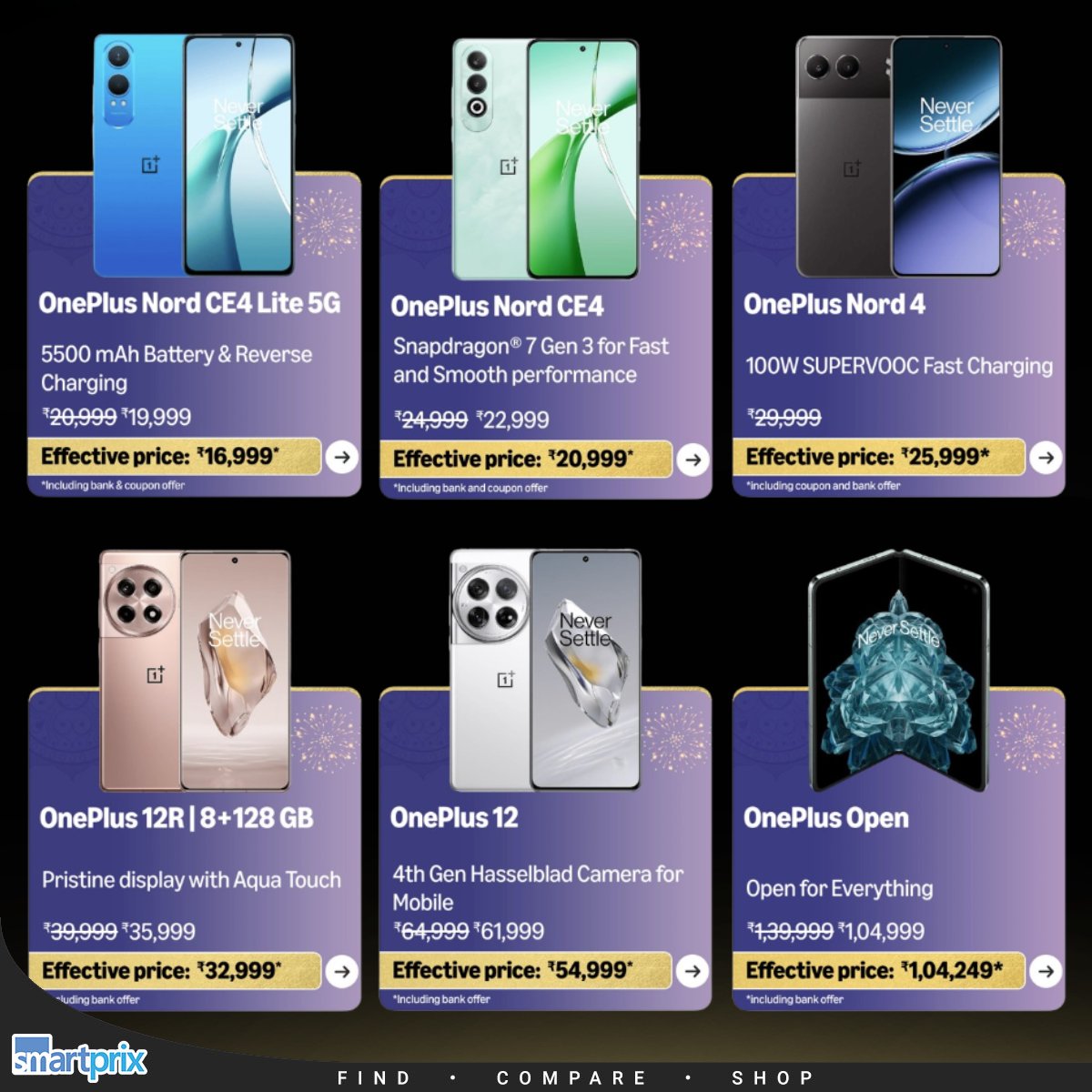 Smartprix's tweet image. Unbeatable offers on OnePlus Smartphones: Which one will be your pick? smpx.to/uY6Kzr

#OnePlus #OnePlus12 #OnePlusOpen #OnePlus12R #OnePlusNord4