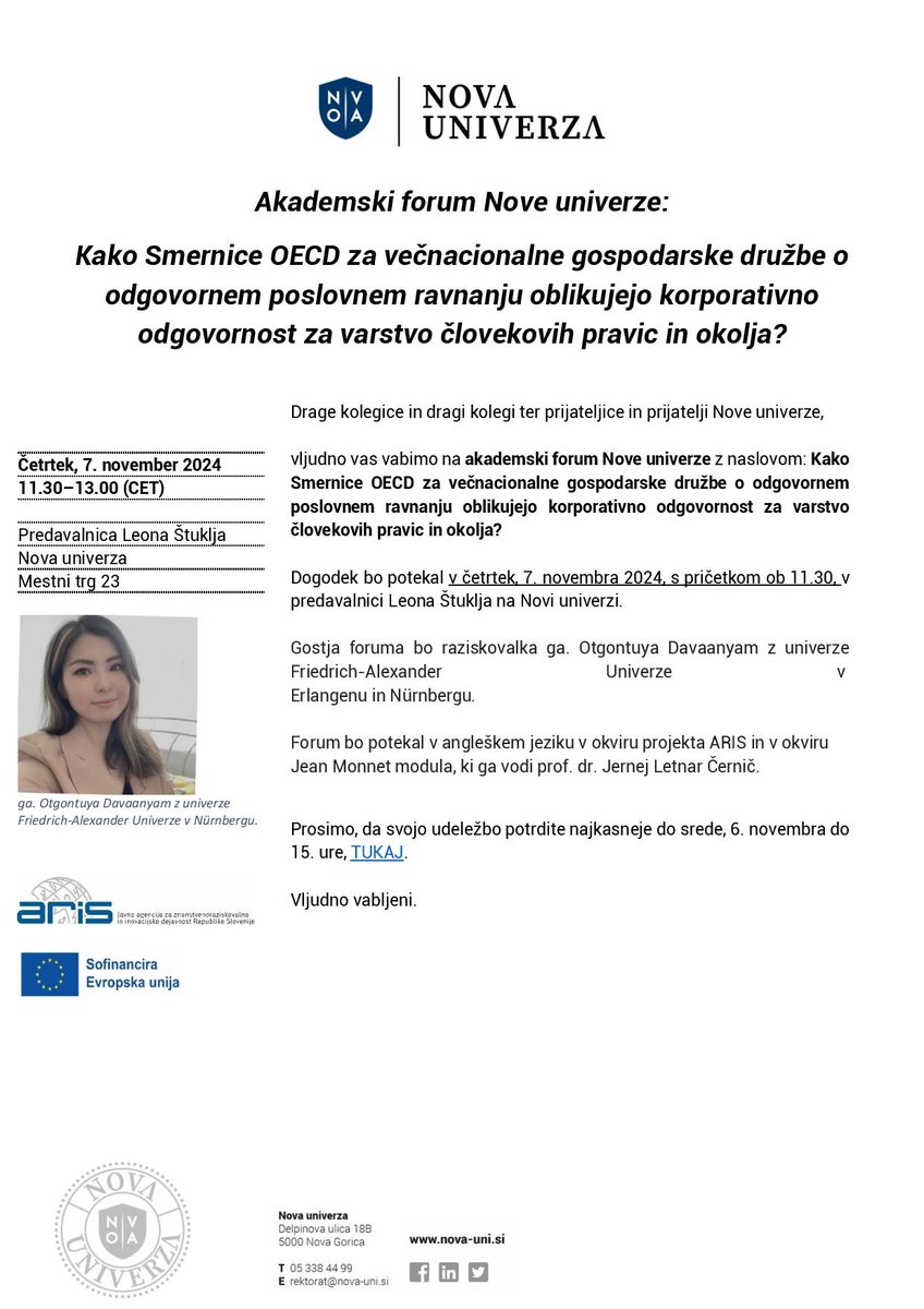 You are warmly invited to attend a lecture by @OogiiRay of FAU Erlangen-Nürnberg on Thursday, 7 November, in Ljubljana. She will share insights about her project on "Corporate Human Rights Responsibility in the OECD NCP case law" #bizhumanrights