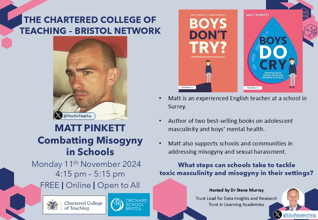 Dr Steve Murray (@eduresearching) on Twitter photo PLEASE RT:
<a href="/PositivTeacha/">Mr Pink</a> - "Combatting Misogyny in Schools"
Free <a href="/CharteredColl/">Chartered College of Teaching</a> online talk & open to all!
Mon 11th November, 4:15pm
Sign up here: eventbrite.co.uk/e/matt-pinkett…
#misogyny #ToxicMasculinity #behaviour #edutwitter <a href="/poppygibsonuk/">Dr Poppy Gibson</a> <a href="/pnjfoster/">Pete Foster</a> <a href="/FunkyPedagogy/">Jennifer Webb</a> PLEASE RT:
<a href="/PositivTeacha/">Mr Pink</a> - "Combatting Misogyny in Schools"
Free <a href="/CharteredColl/">Chartered College of Teaching</a> online talk & open to all!
Mon 11th November, 4:15pm
Sign up here: eventbrite.co.uk/e/matt-pinkett…
#misogyny #ToxicMasculinity #behaviour #edutwitter <a href="/poppygibsonuk/">Dr Poppy Gibson</a> <a href="/pnjfoster/">Pete Foster</a> <a href="/FunkyPedagogy/">Jennifer Webb</a>
