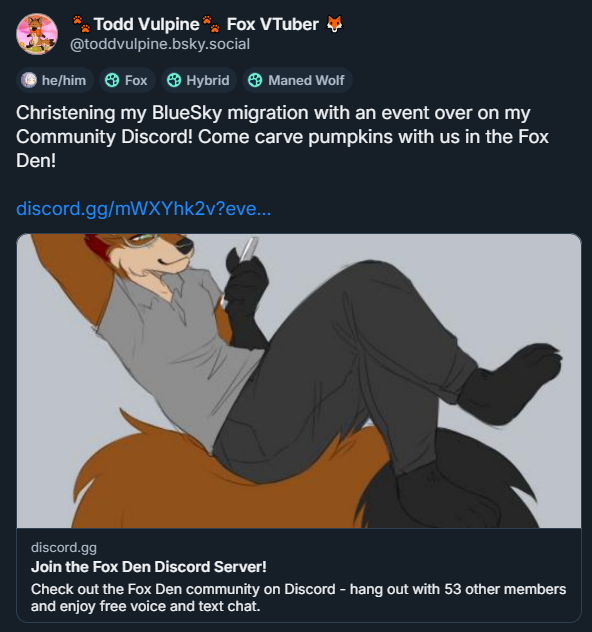 Reminder that we're over on 🟦☁️🦋 now! And doing a lil pumpkin carving event over on my community Discord 🎃