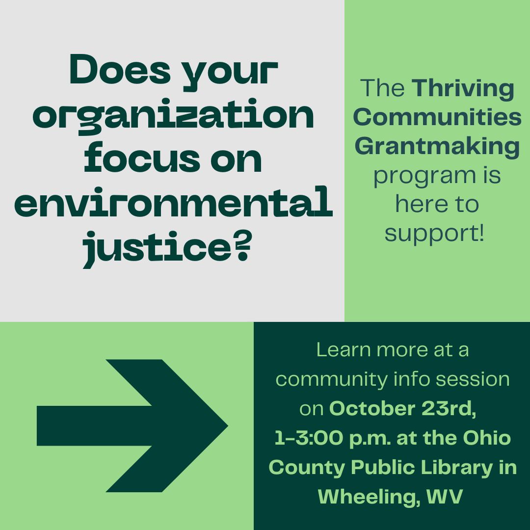 🌍 Focus on air or water quality, healthy homes, or tackling environmental injustices? This event is for you! Join the Green &amp; Healthy Homes Initiative team TODAY from 1-3 p.m at the Ohio County Public Library, Wheeling, for insights on GHHI's Thriving Communities Grant program.