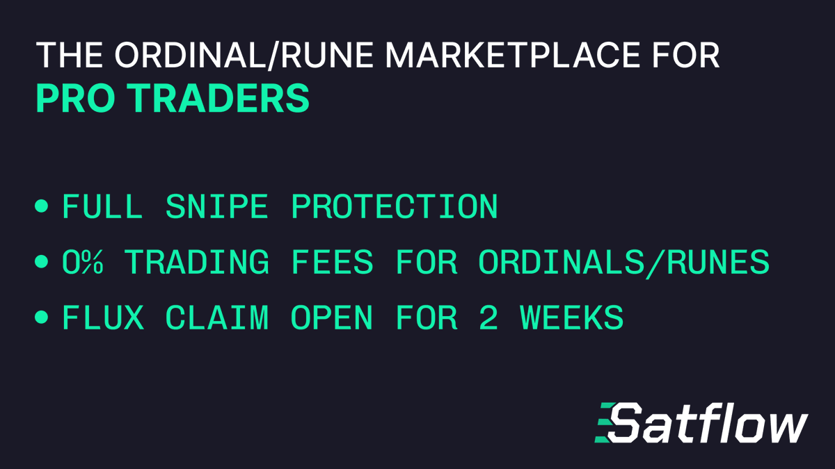 Satflow's tweet photo. 🔥 Satflow is LIVE! 🔥

To celebrate, Satflow FLUX is available to claim for everyone who's traded Ordinals and Runes this year.

Your Pre-Season 1 Flux points can be claimed for the next 2 weeks. ⏰

Sniping is DEAD. Long live the mempool! https://t.co/iALTt9WUnY