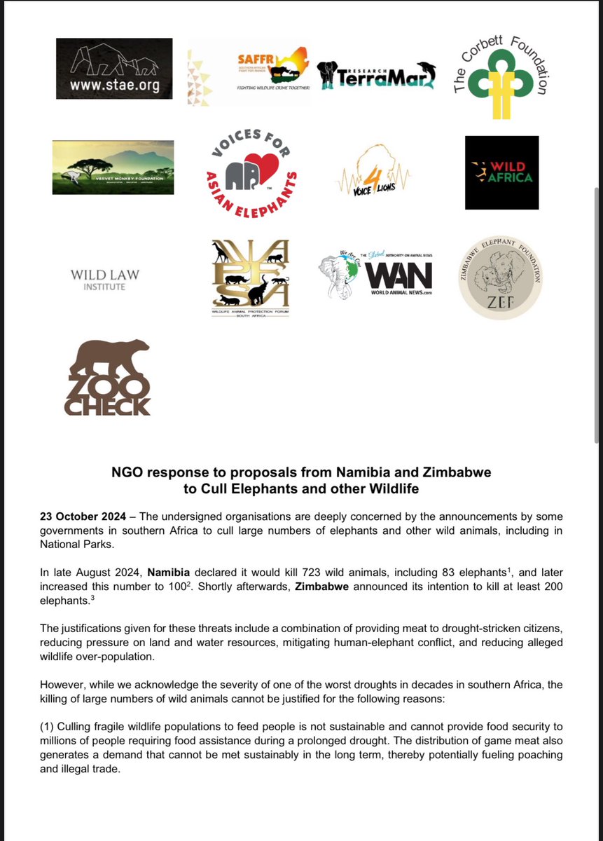 CNRG_ZIM's tweet image. We as @CNRG_ZIM stand with fellow NGOs against Namibia and Zimbabwe&apos;s proposals to cull wildlife. Culling is not a sustainable solution to the drought crisis.

Read our joint statement here:
linkedin.com/posts/cnrg-zim…

#WildlifeConservation #ElephantProtection #CNRG #Sustainabilit