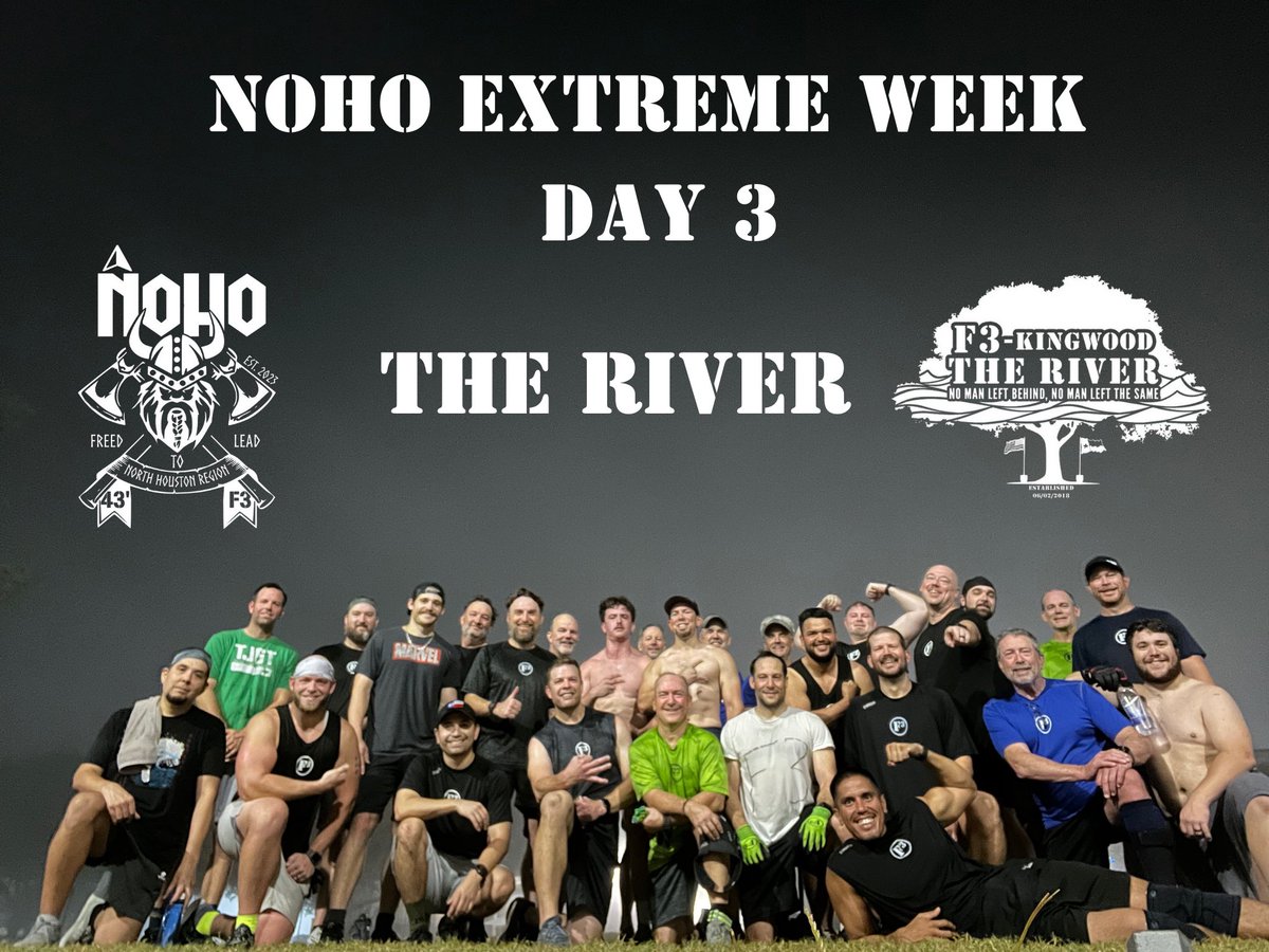 Day 3 of Extreme Week at the River. 27 High impact men in attendance 

<a href="/f3Nation/">F3</a> <a href="/f3NoHo/">F3NoHo</a> <a href="/f3houston/">F3Houston</a>