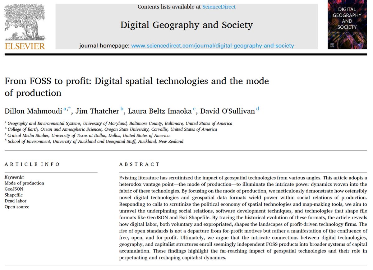 Dillon Mahmoudi (@dillonm) on Twitter photo Excited to see this out in <a href="/dig_geo/">Digital Geography & Society</a>! Fun and insightful to examine mundane file formats through the mode of production. This paper looks at the histories of GeoJSON and the Esri Shapefile.
doi.org/10.1016/j.digg… Excited to see this out in <a href="/dig_geo/">Digital Geography & Society</a>! Fun and insightful to examine mundane file formats through the mode of production. This paper looks at the histories of GeoJSON and the Esri Shapefile.
doi.org/10.1016/j.digg…