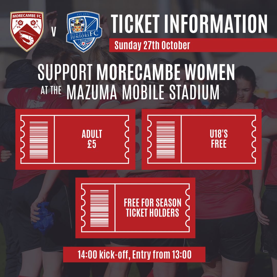 🎟️ | All the ticket information you need ahead of this Sunday! 

Click here to get your tickets online ➡️ ticketsmorecambefc.com/packages/LZEmO… 

You can also order over the phone on 01524 411797, extension three or in store at the Club Shop. 

#UTS 🦐 | #MORvHIN