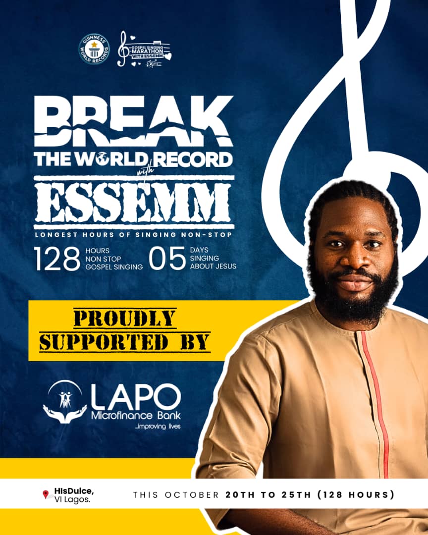 LAPO_MFB's tweet photo. Making Dreams a Reality!
LAPO MfB supports Essem in his bold, ongoing attempt to break the Guinness World Record for the Longest Hours of Singing—128 hours of non-stop gospel praise! 

We’re rooting for him all the way!

Watch live: https://t.co/JgYHXBXA4W

#LAPOMfB #Essemm https://t.co/vXOuavGMLl