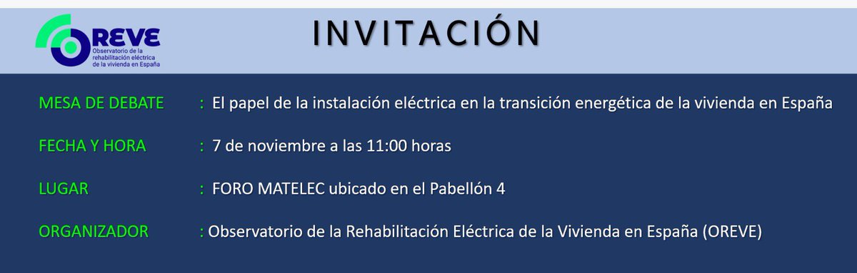 📢 ¡Te invitamos a asistir a la mesa de debate del OREVE en #Matelec2024!

🗓️ El 7 de noviembre, a las 11:00 h en el Foro <a href="/matelec_/">Matelec</a> discutiremos el papel clave de la instalación eléctrica en la #TransiciónEnergética de la vivienda en España.

Participa en el análisis del