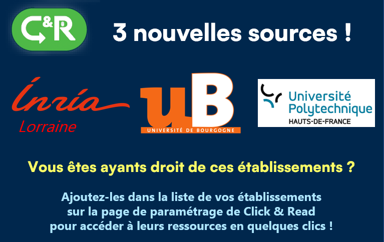 ClickandRead (@_clickandread) on Twitter photo Nouveauté version 3.21.0 #ClickandRead <a href="/INIST_CNRS/">CNRS Inist</a> 3 nouveaux établissements partenaires :
✅Centre Inria de l’Université de Lorraine
✅Université de Bourgogne
✅Université Polytechnique des Hauts de France
Bienvenue <a href="/Inria_Nancy/">Centre Inria de l'Université de Lorraine</a> @univbourgogne <a href="/bibliothequesub/">BU de l'uB</a> <a href="/UphfOfficiel/">Université Polytechnique Hauts-de-France</a>👍 Nouveauté version 3.21.0 #ClickandRead <a href="/INIST_CNRS/">CNRS Inist</a> 3 nouveaux établissements partenaires :
✅Centre Inria de l’Université de Lorraine
✅Université de Bourgogne
✅Université Polytechnique des Hauts de France
Bienvenue <a href="/Inria_Nancy/">Centre Inria de l'Université de Lorraine</a> @univbourgogne <a href="/bibliothequesub/">BU de l'uB</a> <a href="/UphfOfficiel/">Université Polytechnique Hauts-de-France</a>👍