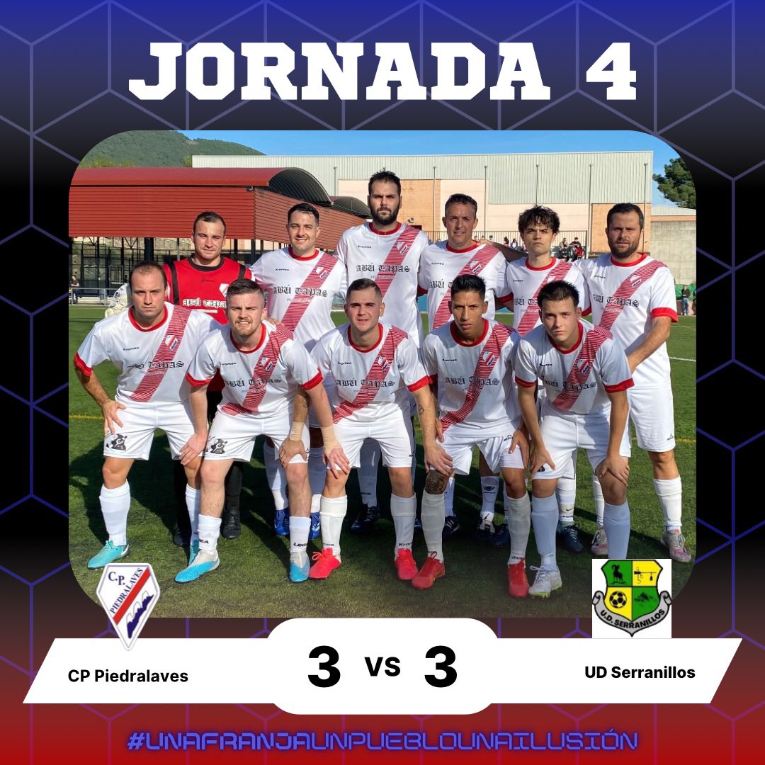 🗓️ PRIMERA PROVINCIAL - JORNADA 4

⚽️  Partido que nos enfrentó al UD Serranillos y que terminó en empate por 3-3, con goles de Dieguito (x2) y Moi.

🗣️ Gracias a toda la afición. ¡Seguimos juntos!

⚪️🔴¡SOMOS EQUIPO!

#unafranjaunpueblounailusion