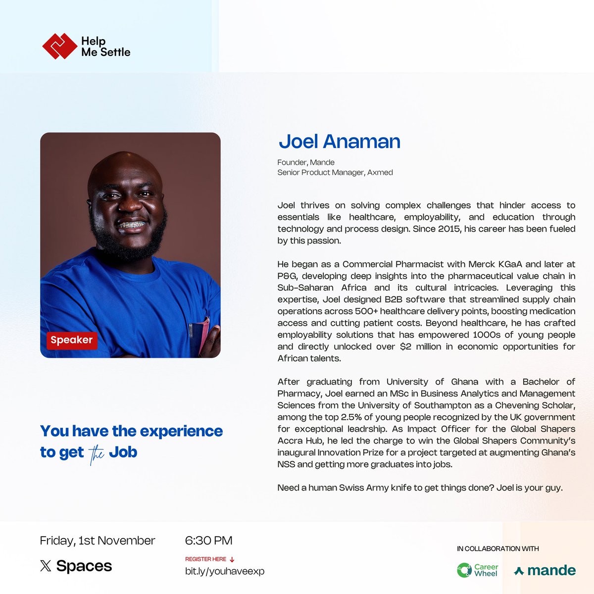 Meet our speaker Joel Anaman, Founder of Mande and Senior Product Manager at Axmed!

Joel will share insights on navigating challenges in healthcare, employability, and education, and how he’s created opportunities for thousands of young people. If you’re an international student