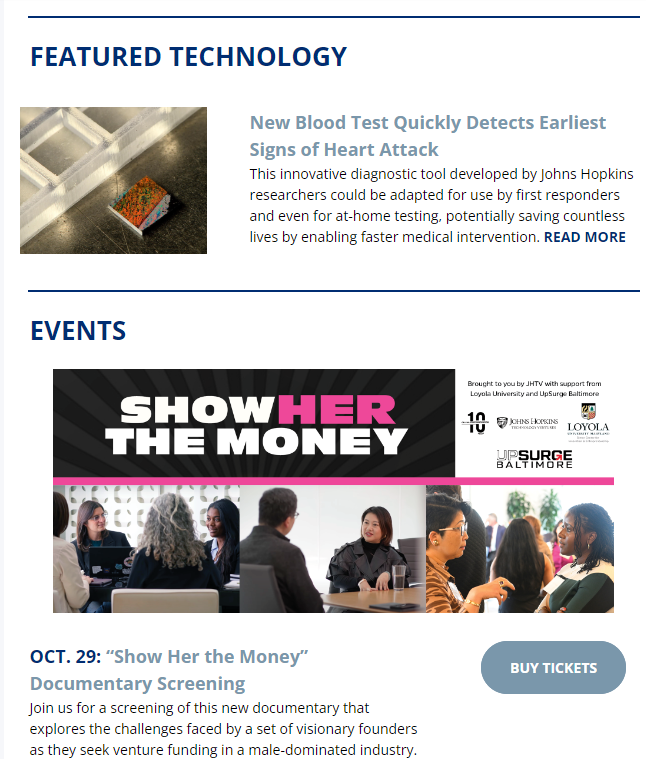 Check out our Oct. newsletter, it's full of highlights including our inaugural Innovation Summit, a new industry collab with <a href="/DanaherCorp/">Danaher Corporation</a>, a novel blood test for early heart attack detection, <a href="/PavaCenter/">Pava Marie LaPere Center for Entrepreneurship</a> updates &amp; exciting upcoming events. mailchi.mp/mail439/jhtv-n…