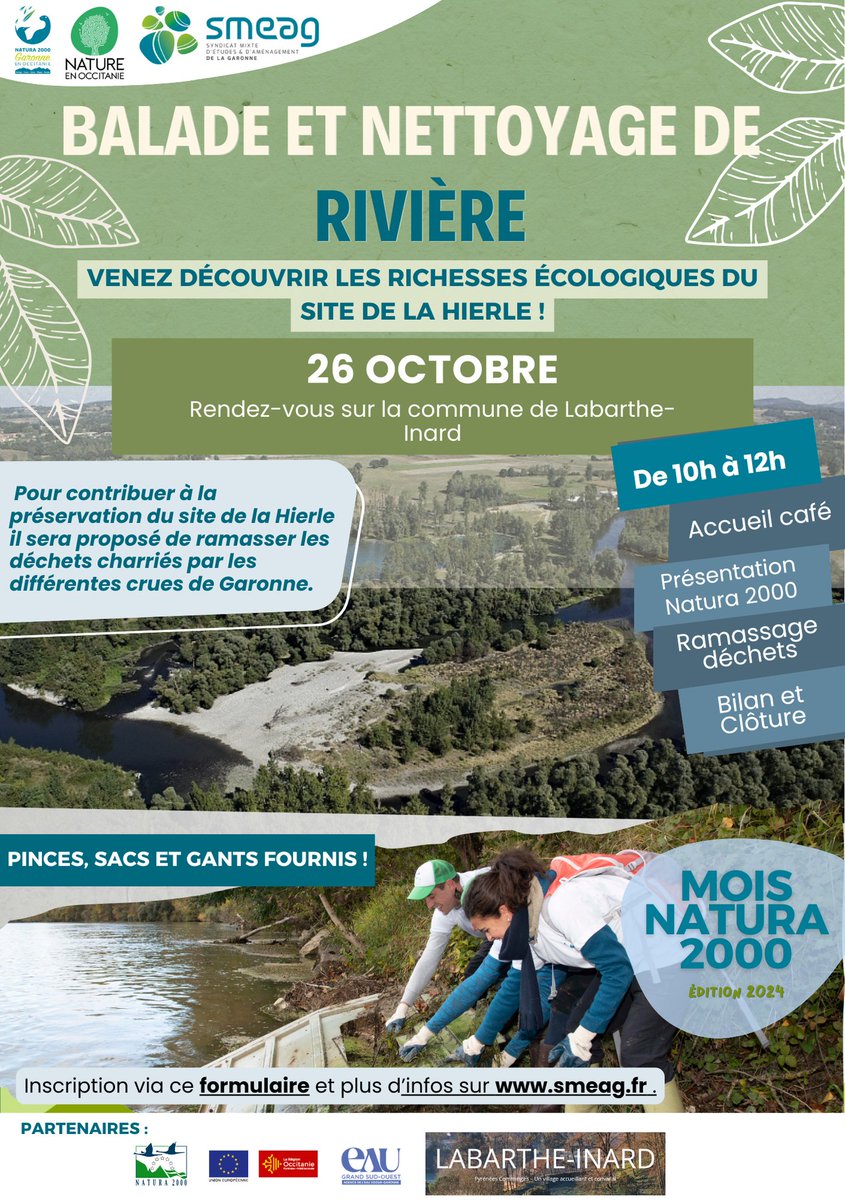 🌿Journée de balade et nettoyage au site de la Hierle !
📅 26 Octobre | 🕙 10h-12h | 📍 Labarthe-Inard

Participez avec le SMEAG  et Nature en Occitanie au ramassage des déchets pour préserver notre environnement !
✅ Inscription obligatoire : urls.fr/i6nQTK

#Natura2000