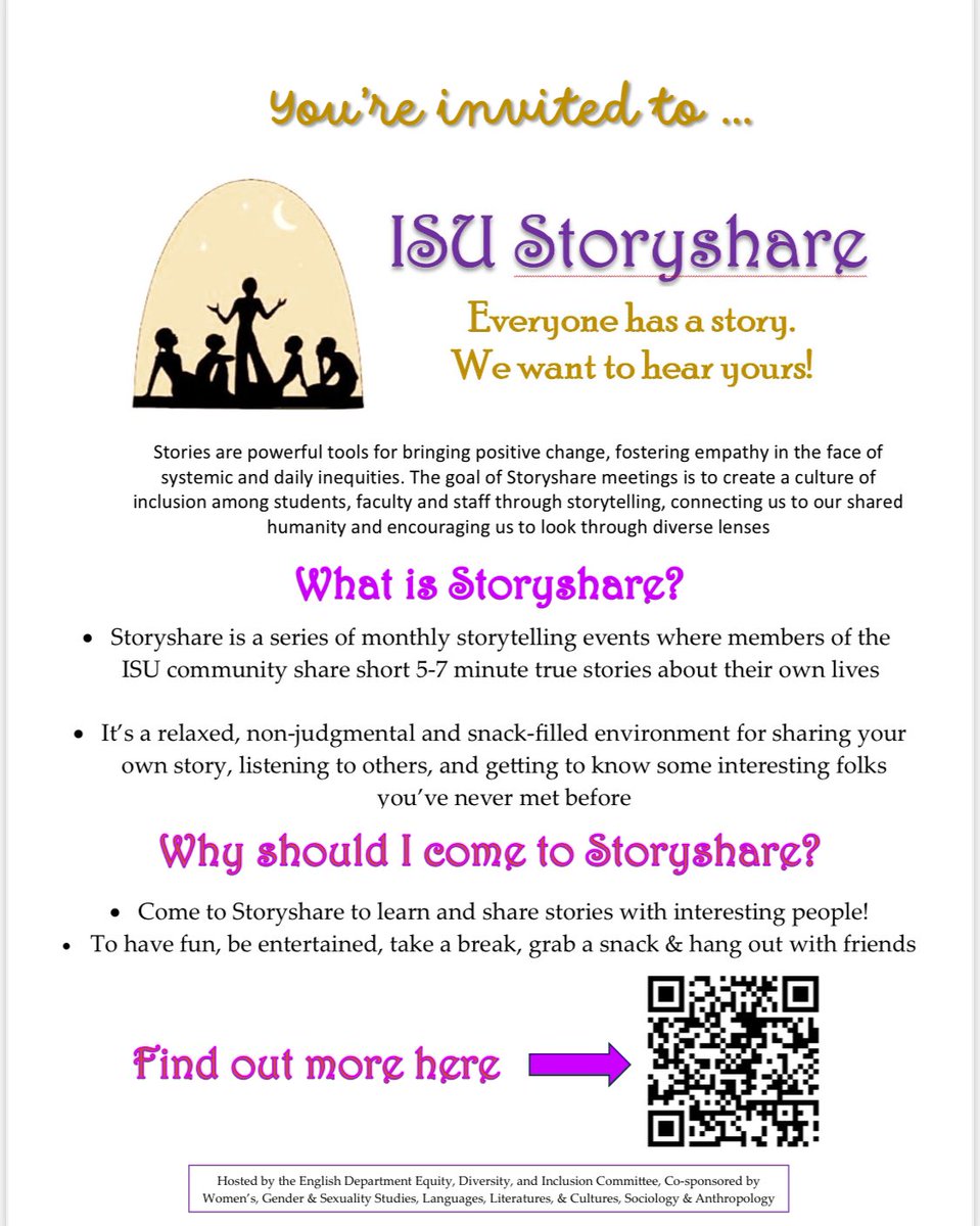 Don’t forget! Today at 6pm we have the EDI committee ISU Storyshare event! It is located in the English Commons, which is at the 4th floor of Stevenson, the room across from the Department of English. 

See you all there!