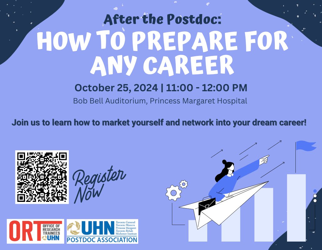 The Office of Research Trainees (ORT) at UHN (@uhntrainees) on Twitter photo Join the ORT and the <a href="/UHNPostdocs/">UHN Postdoc Association (UHNPA)</a> on Friday at 11:00 AM for an exciting workshop to learn how to market yourself and networking into your dream career!
Spots are limited! Register now -> docs.google.com/forms/d/e/1FAI… Join the ORT and the <a href="/UHNPostdocs/">UHN Postdoc Association (UHNPA)</a> on Friday at 11:00 AM for an exciting workshop to learn how to market yourself and networking into your dream career!
Spots are limited! Register now -> docs.google.com/forms/d/e/1FAI…