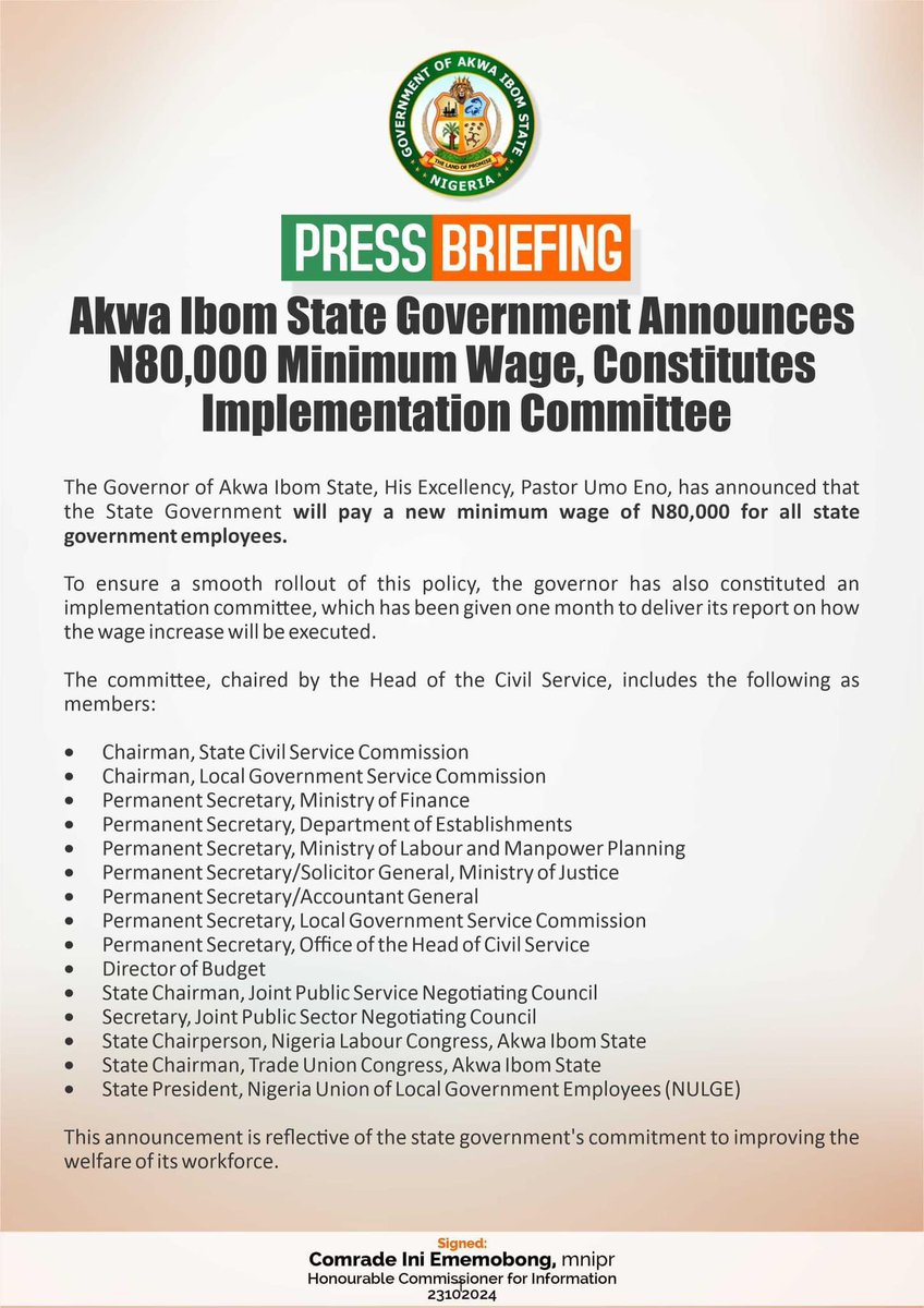 PRESS RELEASE // Akwa Ibom State Government Announces N80,000 Minimum Wage, Constitutes Implementation Committee.