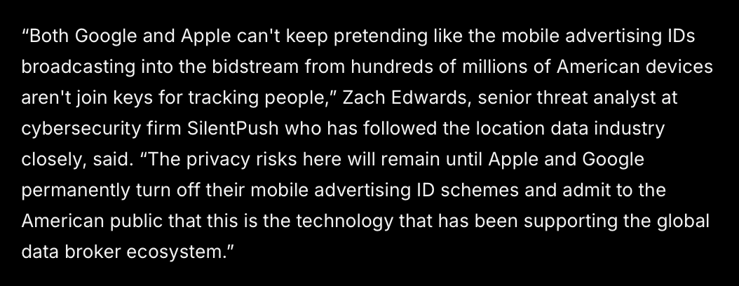 At the heart of this surveillance and what makes it possible are Apple and Google's mobile advertising ecosystems. Locate X as it is right now could not exist without those. 404media.co/inside-the-u-s…