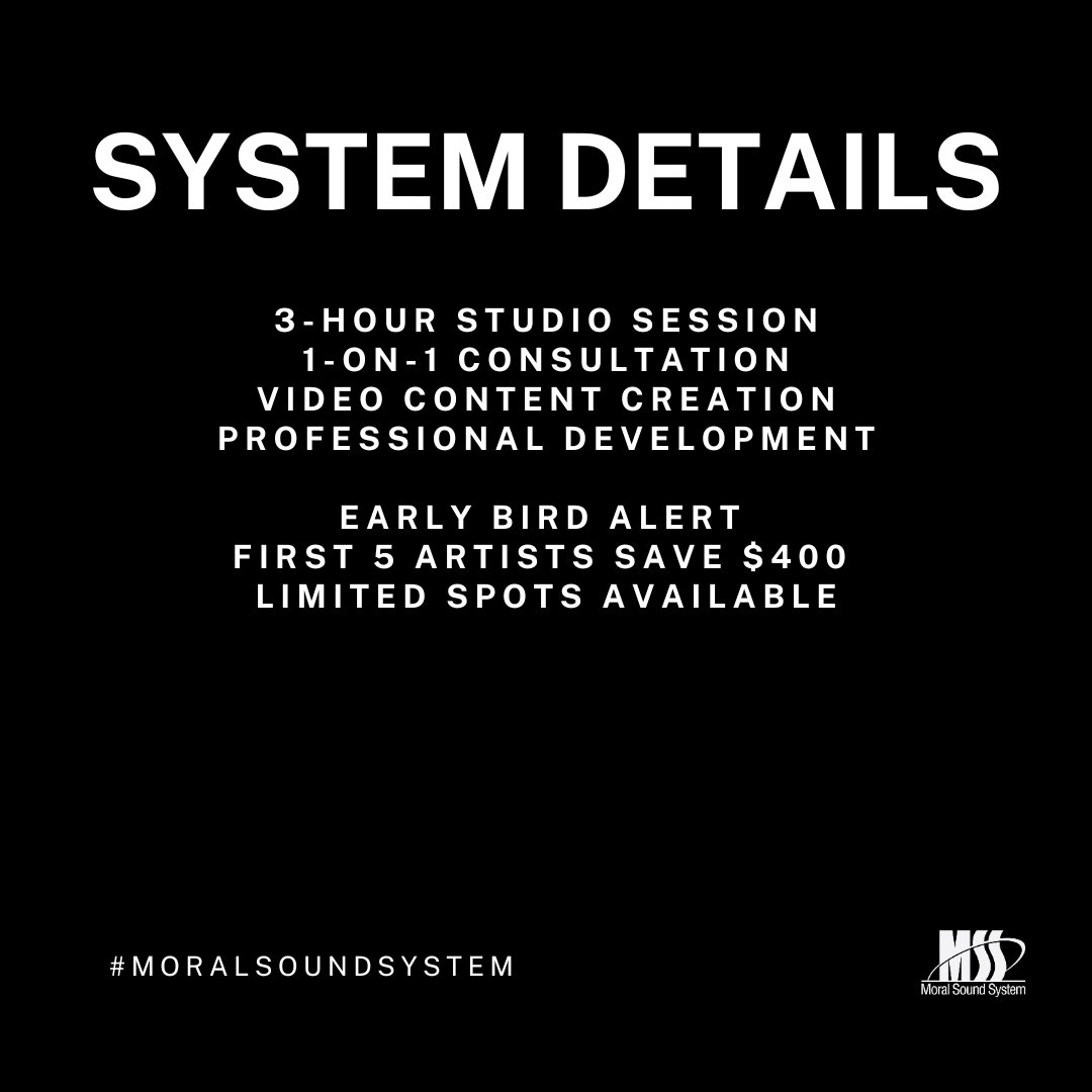 MORAL SOUND SYSTEM
Artist Development Program with <a href="/ChaseNCashe/">Jesse Chase</a> 
▪️ LITE: Essential Studio Etiquette
▪️ STANDARD: Complete Artist Development 
▪️ PREMIUM: Real Time Session with Expert(s)

Reply "MORAL" to secure your spot now
Limited Spots Available