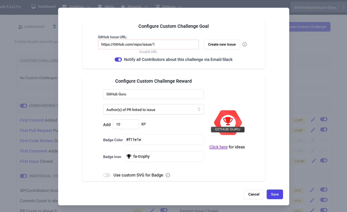 devActivity's tweet image. 💪 Empower your team with devActivity&apos;s customizable challenges! Create unique objectives, set rewards, and encourage friendly competition. #gamification #devmotivation